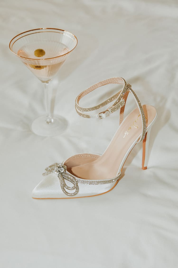 Ivory Satin Rhinestone Ankle Strap Pointed-Toe Pumps | Womens | 8 (Available in 8.5, 7.5, 7, 11) | Lulus | Anklestrap & Anklewrap Pumps